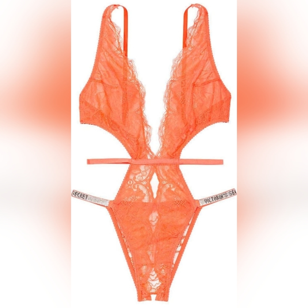 S M L XL XXL Victoria's Secret Shine Strap Lace Crotchless Teddy Orange